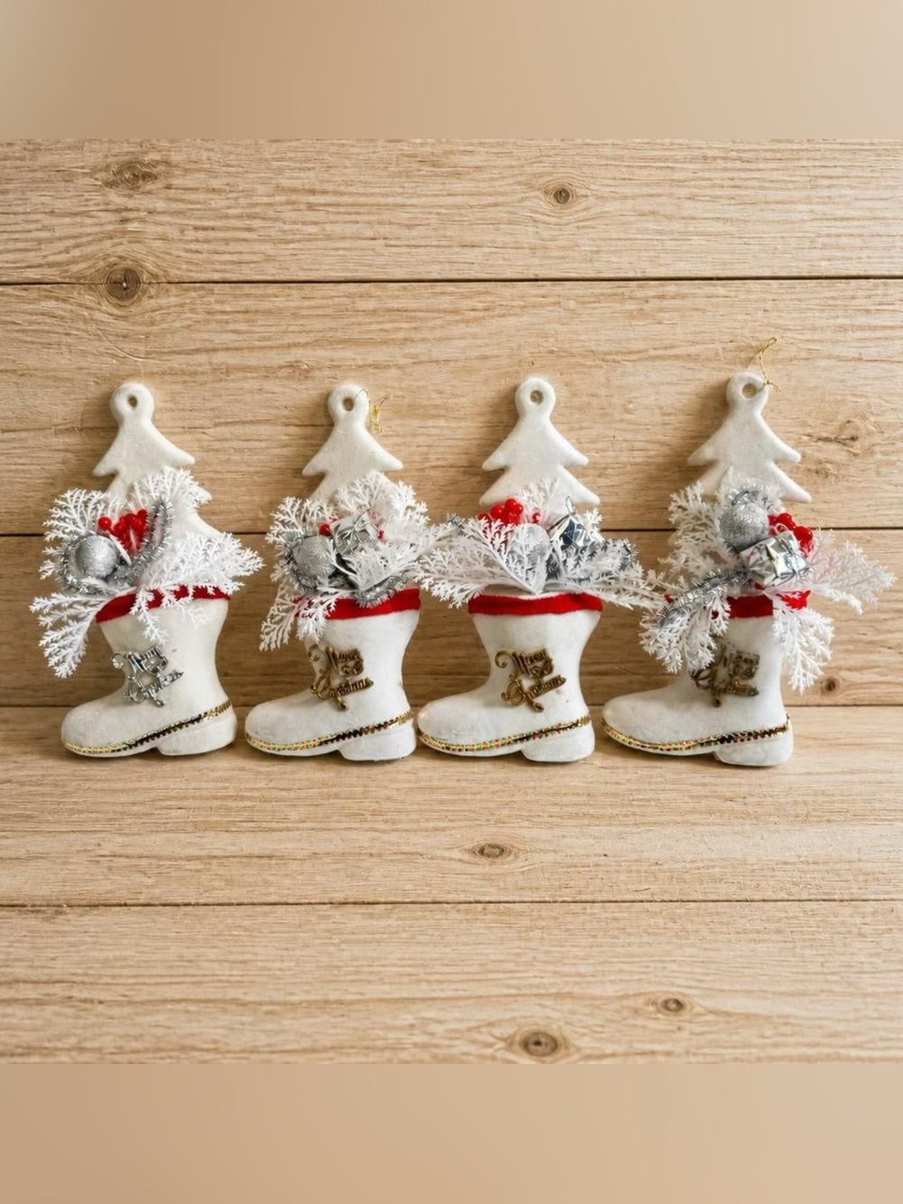 Vtg MCM Felt Christmas Boot Ornaments Set 4 Kitschy Flocked Tree Holiday Decor